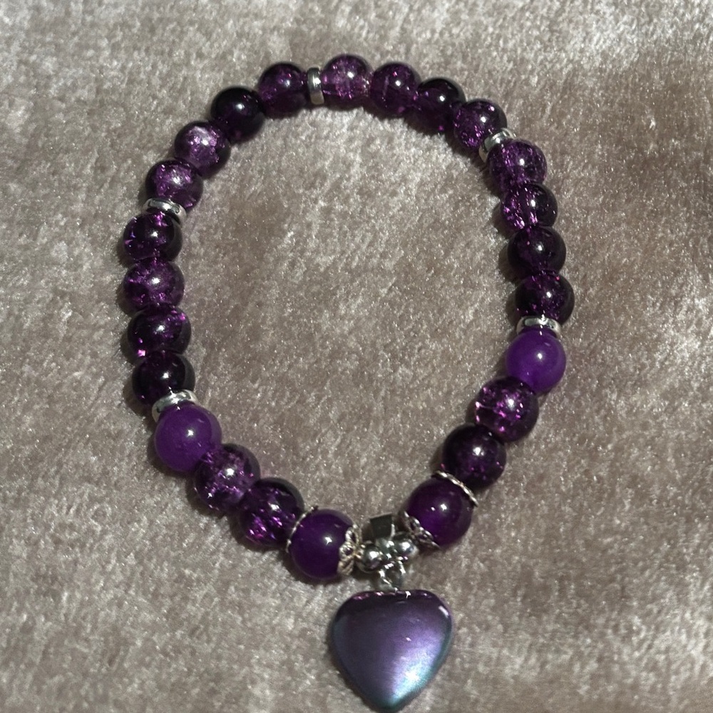 Purple Beaded Holographic Hematite Heart Charm Bracelet